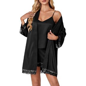 Vrtige Women's 3pcs Satin Pajamas Set V Neck Lace Trim Cami Top and Shorts Sleepwear PJs Set with Robe