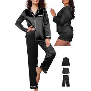 Womens 3Pcs Silk Satin Pajama Sets Silky Pajamas Set With Shorts Stripe Pj Sets XS-XXL Sleepwear Pjs Loungewear