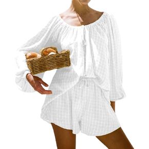 Womens 2 Piece Short Set Oversized Lounge Sets Long Sleeve Top and Shorts Plaid Pajamas Set