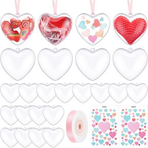 Suzile 24 Pcs Clear Fillable Heart Ornaments for Crafts Hanging Ornaments with Rolls Pink Ribbon and Stickers for DIY Valentines Day Mother's Day Birthday Wedding Christmas Party Decor