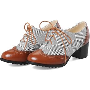 SHEMEE Women's Retro Wingtip Block Heel Lace Up Oxfords Stacked Chunky High Heels Pumps Vintage Round Toe Brogues Dress Shoes