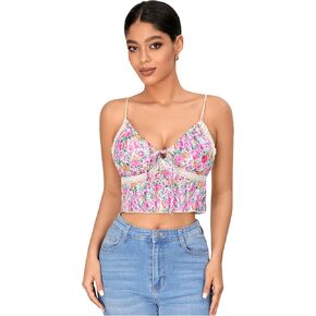 WDIRARA Women's Floral Print V Neck Tie Front Crop Cami Top Summer Boho Sleeveless Camisole