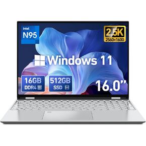 Latest 16 inch Laptop 2.5K QHD Display, 16GB RAM 512GB SSD, Windows 11 Laptop Computer with Intel 12th Gen N95 Processor, Fingerprint & Backlit Keyboard, 180° Open Angle, Wifi, Webcam, USB3.2