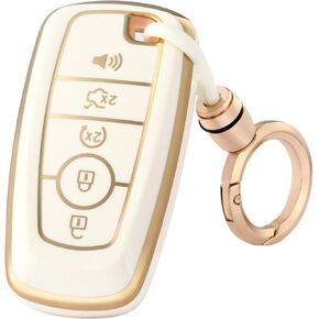 for Ford Key Fob Cover with Keychain, Soft TPU Full Protection Fob Compatible with Explorer Fusion Escape Edge Expedition F150 F250 F350 F450 F550 Maverick Mustang 5 Buttons, Gold White in Kuwait