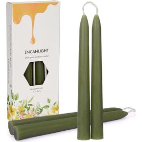 Green Beeswax Taper Candles 8 Inch, 4 Pack Natural Bees Wax Tapered Candle Sticks - Smokeless, Dripless and Unscented - 8 Hour Long Burn Time for Home Decor, Wedding, Party