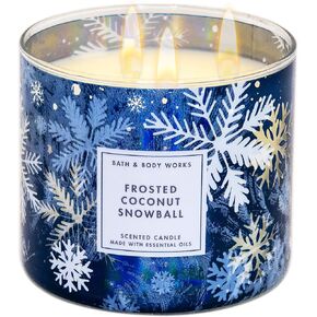 White Barn Bath and Body Works, 3-Wick Candle w-Essential Oils - 14.5 oz - 2020 Holidays Scents (Frosted Coconut Snowball), White Soy Wax, Blue and White Jar Print, Gold Lid, Transparent Glass