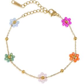 Colorful Daisy Flower Beaded Bracelets for Women, Cute Handmade Floral Gold Beads Adjustable Bracelet Spring Boho Jewelry Gift