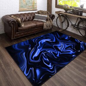Modern 3D Home Area Rugs Marble Blue Black Neon Abstract Wave Sea Night Marbled Texture Carpets Non-Slip Extra Size Yoga Mat Runner Rug for Living Room Bedroom Girls Playroom Decor, 6x9 ft