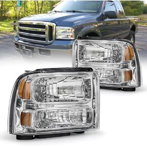 AS Headlight Assembly Compatible with 2005 2006 2007 05 06 07 Ford F250 F350 F450 F550 Headlamp Passenger & Driver Side, Chorme Housing with Amber Reflector