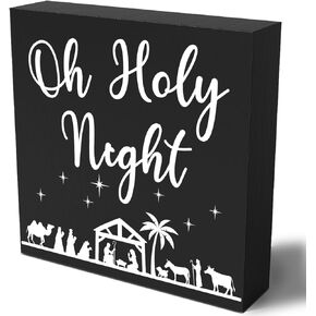 Funny Christmas Wooden Box Sign Plaque Oh Holy Night Black Wood Box Sign Rustic Art Home Shelf Desk Decor 5 x 5 x 1 Inches