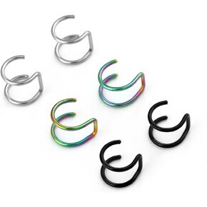 6Pcs Fake Hoop Earrings & Lip Rings Set - Stainless Steel Clip-On Nose Rings for Women and Men - Multicolor Double Hoop, Fake Nose Rings, Faux Lip Piercings, Nose Clips