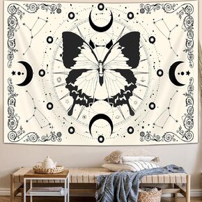 Boho Butterfly Tapestry Wall Hanging, Bohemia Moon Flower Botanical Plant Floral Tapestry Vintage Aesthetic Tapestries, Wall Posters Tapestry for Bedroom Dorm Home, 80X60 Inch (Beige and Blcak）