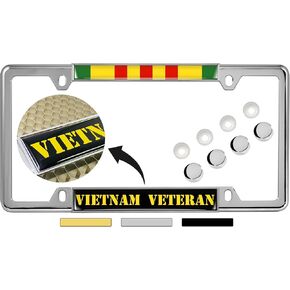 Vietnam Veteran - Domed Custom-Made Personalized Narrow (Thin) Top 4 hole Metal Car License Plate Frame with FREE caps - Black (Quantity: 1 Frame)