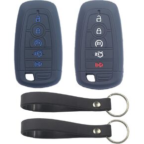 2Pcs Rubber 5 Buttons Smart Key Fob Cover Case Skin Protector Keyless with Keychain Compatible with Lincoln Aviator Corsair 2020 2021 2022 Black Gray