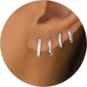 Silver Huggie Earrings Set for Women, Sterling Silver Hypoallergenic Cubic Zircon Cartilage Small Hoop Earrings for for Multiple Piercing, Dainty Silver Hoop Earring Jewelry for Women