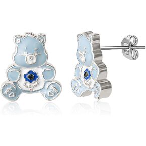 Care Bears Stud Earrings for Women Official License, Silver Flash-Plated 3D Wish Bear or Cheer Bear Earrings with Crystal