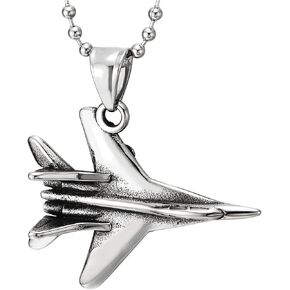 COOLSTEELANDBEYOND Mens Stainless Steel Vintage Fighter Plane Airplane Pendant Necklace with 23.6 inches Ball Chain