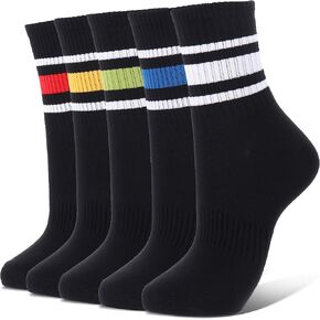Ultrafun 5 Pairs Womens Crew Socks Cotton Retro Striped Athletic Sports Casual Quarter Socks