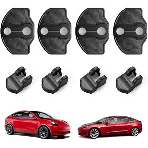 BASENOR 2017-2025 Tesla Model 3 Model Y Door Lock Cover Protector [Carbon Edition] [No Tape Requried], Anti-Scratch Door Striker Latches Sill Stopper Covers for Model 3 Model Y Set of 8