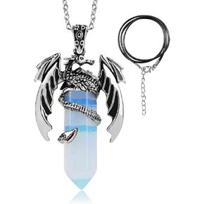 Dragon Necklace Hexagonal Crystal Wrapped Silver Dragon Pendant Necklace Retro Gemstone Point Natural Crystal Dragon Jewelry Cool Necklace for Men Women