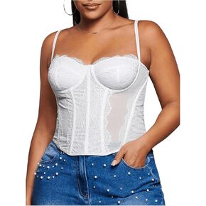SHENHE Women's Plus Size Bustier Lace Trim Mesh Slim Fitted Sexy Crop Camisole Top
