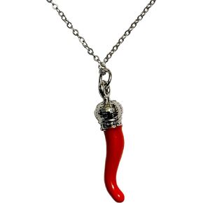 Italian Red Horn Necklace - Silver Cornicello Good Luck Pendant with Sterling Silver Chain
