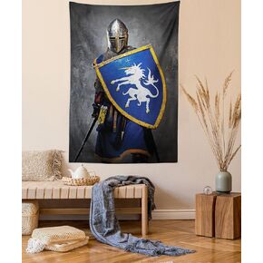 Ambesonne Medieval Tapestry, Medieval Knight Holding an Aged Old Shield Historical Theme Digital Print, Wall Hanging for Bedroom Living Room Dorm, 60" X 80", Royal Blue Grey