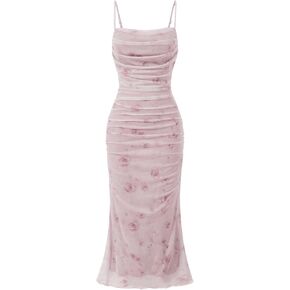 GORGLITTER Women's Floral Ruched Bodycon Midi Dress Mesh Sleeveless Fishtail Cami Dresses