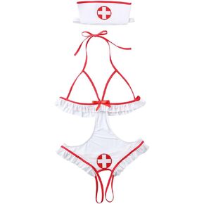Sexy Nurse Costume Lingerie for Women, 2 Pcs Nurse Lingerie Set With Headband Sexy Valentines Day Lingerie 2025, Onesize 2-8 White