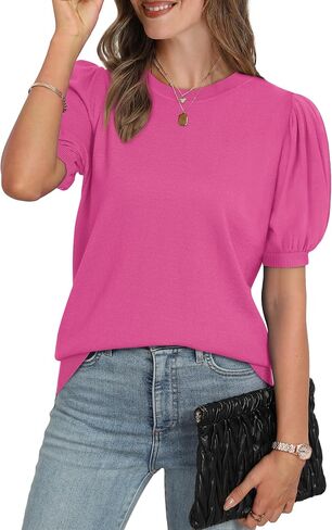 WIHOLL Women's Puff Short Sleeve Sweater 2025 Spring Summer Tops Trendy Business Casual Outfits Work Blouses Clothes in Kuwait