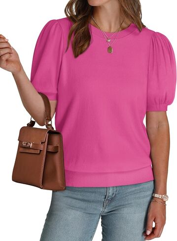 WIHOLL Women's Puff Short Sleeve Sweater 2025 Spring Summer Tops Trendy Business Casual Outfits Work Blouses Clothes in Kuwait