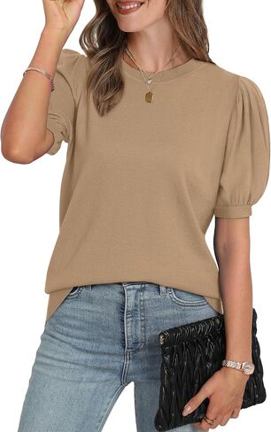WIHOLL Women's Puff Short Sleeve Sweater 2025 Spring Summer Tops Trendy Business Casual Outfits Work Blouses Clothes in Kuwait