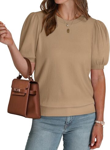 WIHOLL Women's Puff Short Sleeve Sweater 2025 Spring Summer Tops Trendy Business Casual Outfits Work Blouses Clothes in Kuwait