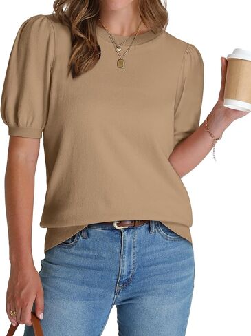 WIHOLL Women's Puff Short Sleeve Sweater 2025 Spring Summer Tops Trendy Business Casual Outfits Work Blouses Clothes in Kuwait