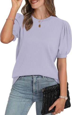 WIHOLL Women's Puff Short Sleeve Sweater 2025 Spring Summer Tops Trendy Business Casual Outfits Work Blouses Clothes in Kuwait