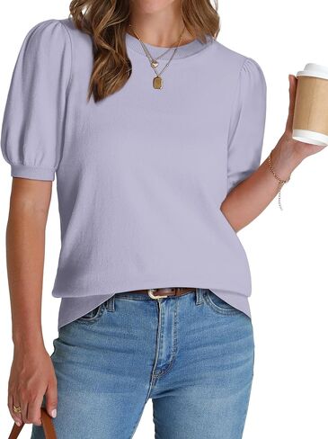 WIHOLL Women's Puff Short Sleeve Sweater 2025 Spring Summer Tops Trendy Business Casual Outfits Work Blouses Clothes in Kuwait