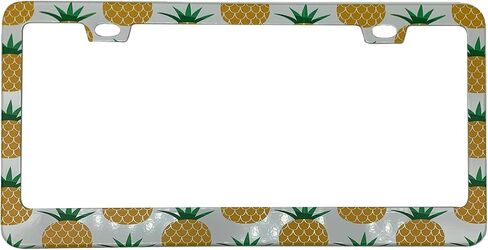 Cute Yellow Pineapples Pattern License Plate Frame, Tropical Hawaiian Themed Car License Plate Cover Holder, Matte White Powder Coated Stainless Steel in Saudi Arabia