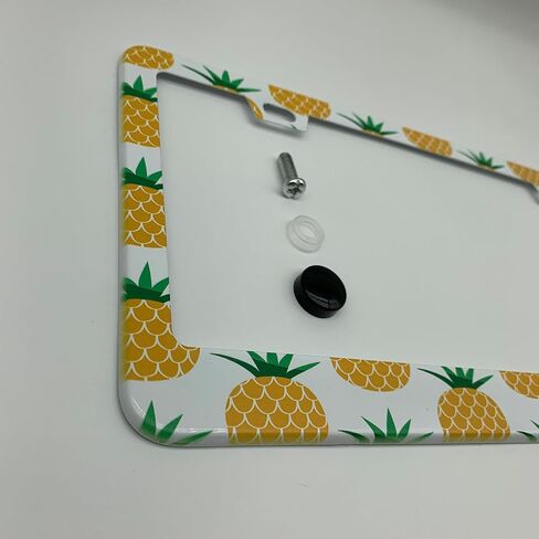 Cute Yellow Pineapples Pattern License Plate Frame, Tropical Hawaiian Themed Car License Plate Cover Holder, Matte White Powder Coated Stainless Steel in Saudi Arabia
