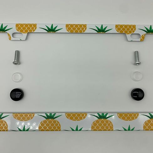 Cute Yellow Pineapples Pattern License Plate Frame, Tropical Hawaiian Themed Car License Plate Cover Holder, Matte White Powder Coated Stainless Steel in Saudi Arabia