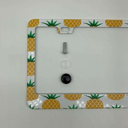 Cute Yellow Pineapples Pattern License Plate Frame, Tropical Hawaiian Themed Car License Plate Cover Holder, Matte White Powder Coated Stainless Steel in Saudi Arabia