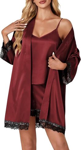Vrtige Women's 3pcs Satin Pajamas Set V Neck Lace Trim Cami Top and Shorts Sleepwear PJs Set with Robe in Saudi Arabia