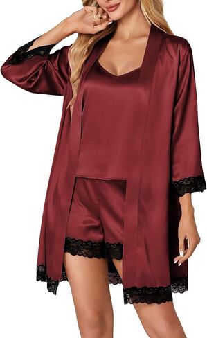 Vrtige Women's 3pcs Satin Pajamas Set V Neck Lace Trim Cami Top and Shorts Sleepwear PJs Set with Robe in Saudi Arabia