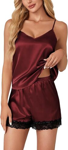 Vrtige Women's 3pcs Satin Pajamas Set V Neck Lace Trim Cami Top and Shorts Sleepwear PJs Set with Robe in Saudi Arabia
