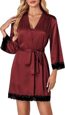 Vrtige Women's 3pcs Satin Pajamas Set V Neck Lace Trim Cami Top and Shorts Sleepwear PJs Set with Robe in Saudi Arabia