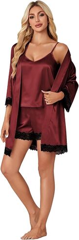 Vrtige Women's 3pcs Satin Pajamas Set V Neck Lace Trim Cami Top and Shorts Sleepwear PJs Set with Robe in Saudi Arabia