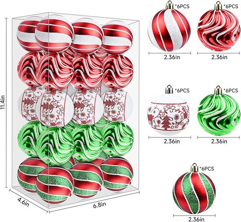 30ct Christmas Balls Ornaments- 2.36’’ Shatterproof Balls Ornaments for Xmas Tree Decorations, Hanging Balls Red and Green Christmas Ball Ornaments Set for Holiday Party Decoration (2) in Saudi Arabia