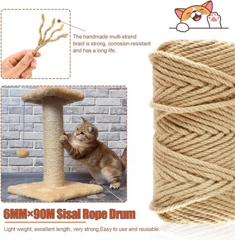 50M Sisal Rope for Cat Scratchers, Cat Scratching Sisal Rope 6mm Natural Jute Hemp Rope, Ideal for Replace Scratching Post, Repair Cat Tree, DIY Projects in Saudi Arabia