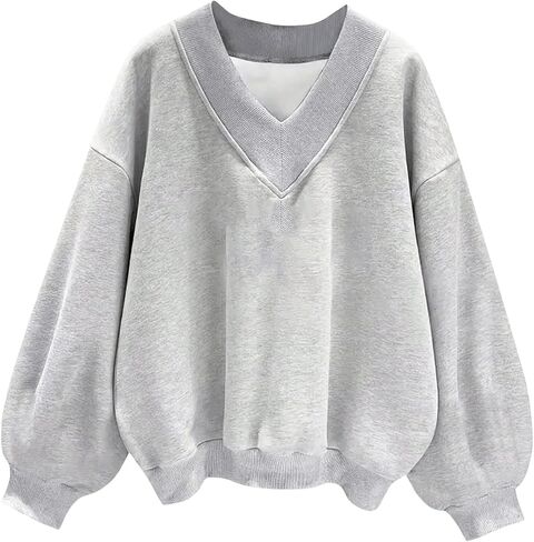 MakeMeChic Women's V Neck Oversized Sweatshirts Long Sleeve Drop Shoulder Pullovers in Saudi Arabia
