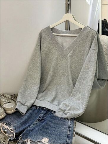 MakeMeChic Women's V Neck Oversized Sweatshirts Long Sleeve Drop Shoulder Pullovers in Saudi Arabia