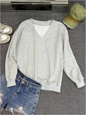 MakeMeChic Women's V Neck Oversized Sweatshirts Long Sleeve Drop Shoulder Pullovers in Saudi Arabia